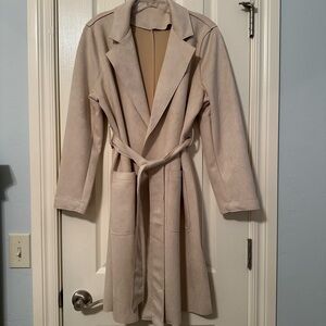 T Tahari Coat Vegan Faux  Suede Leather Belt Tie Midi Length Beige Small EUC